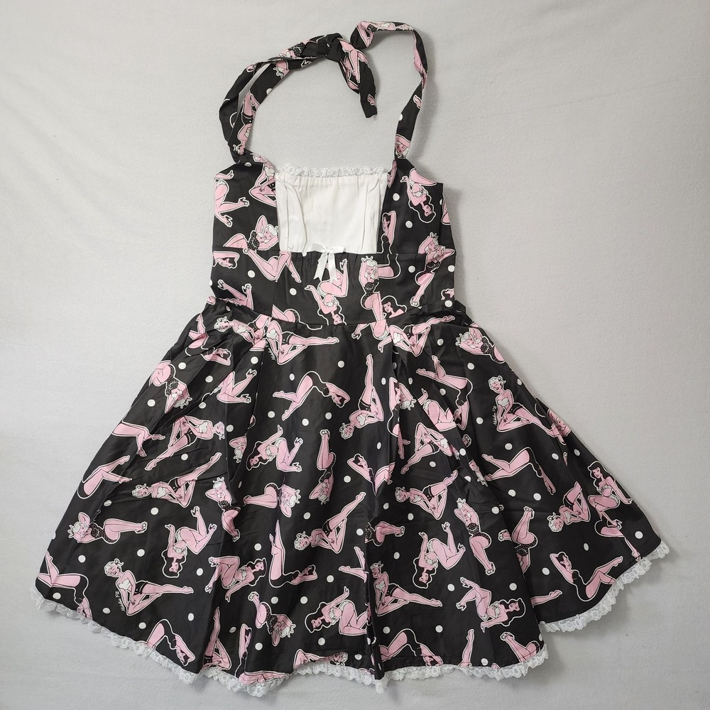 Pinup Couture Dress Flare 2XL Black 50s Retro Halter Rockabilly Vanity Lace Trim